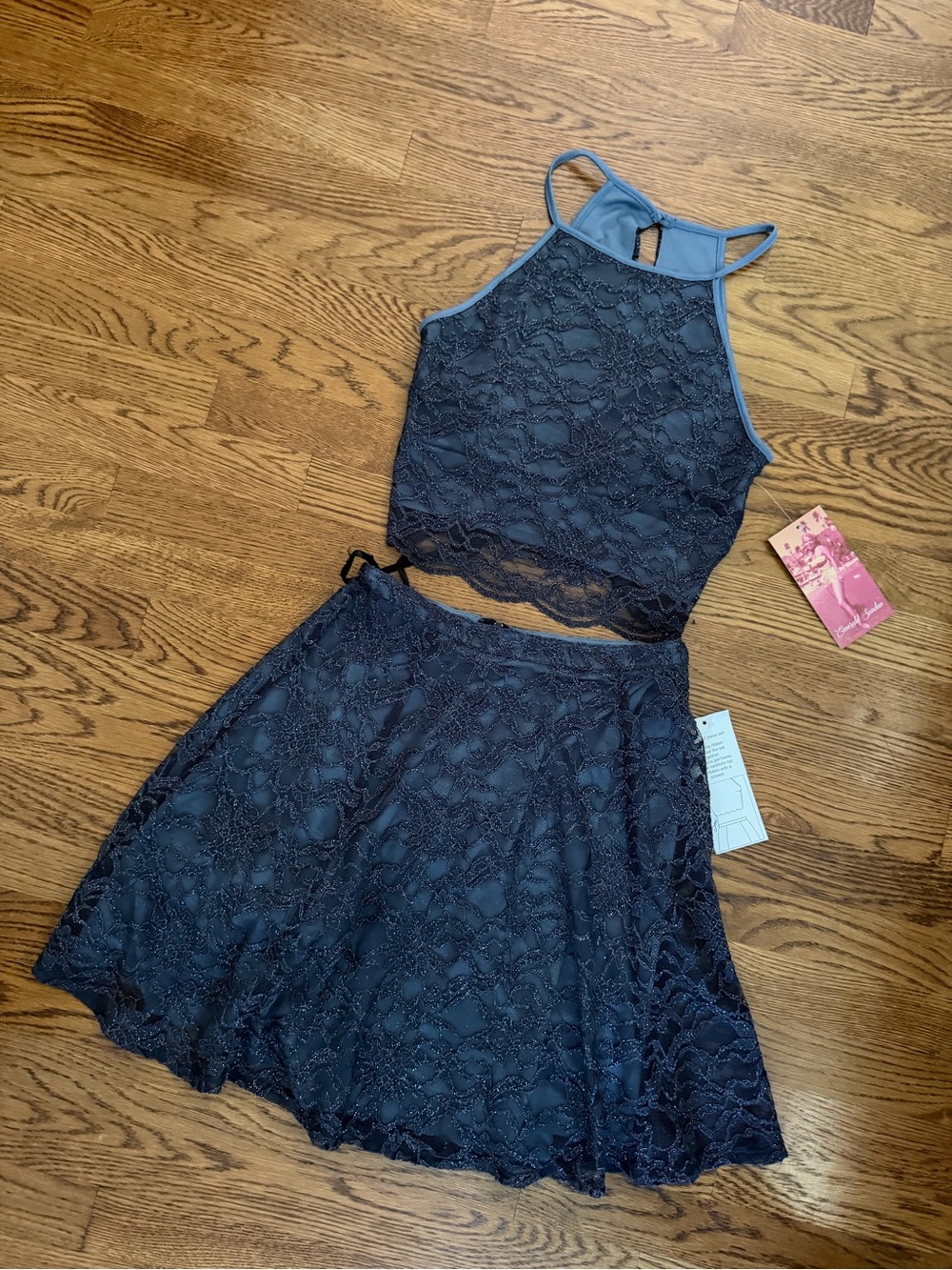 Emerald Sundae Navy Lace Halter Crop Top and Flared Skirt Set